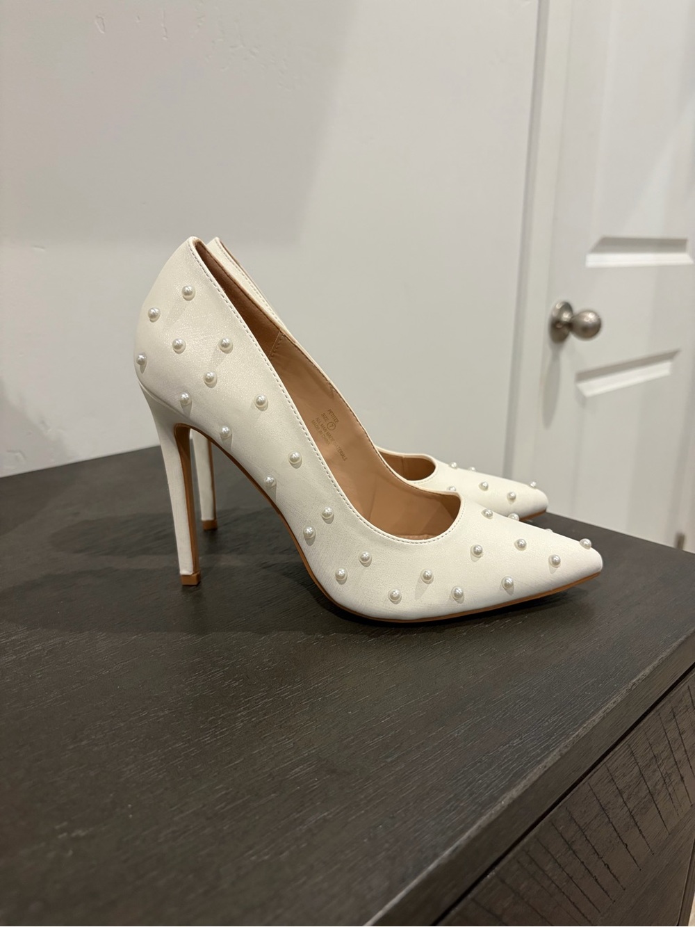 Lulu's White Pearl-Studded Pointed Toe Stiletto Pumps